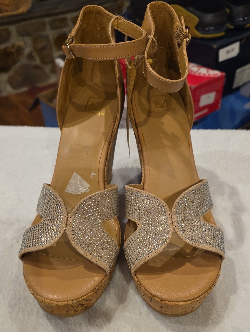 New.Material Girl Tan Wedge Sandals with Rhinestone Straps. Never Worn. No Box.